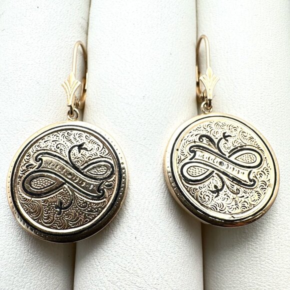 Antique Womens Earrings 10K Yellow Gold Black Enamel Chandelier Pierced - Picture 2 of 3